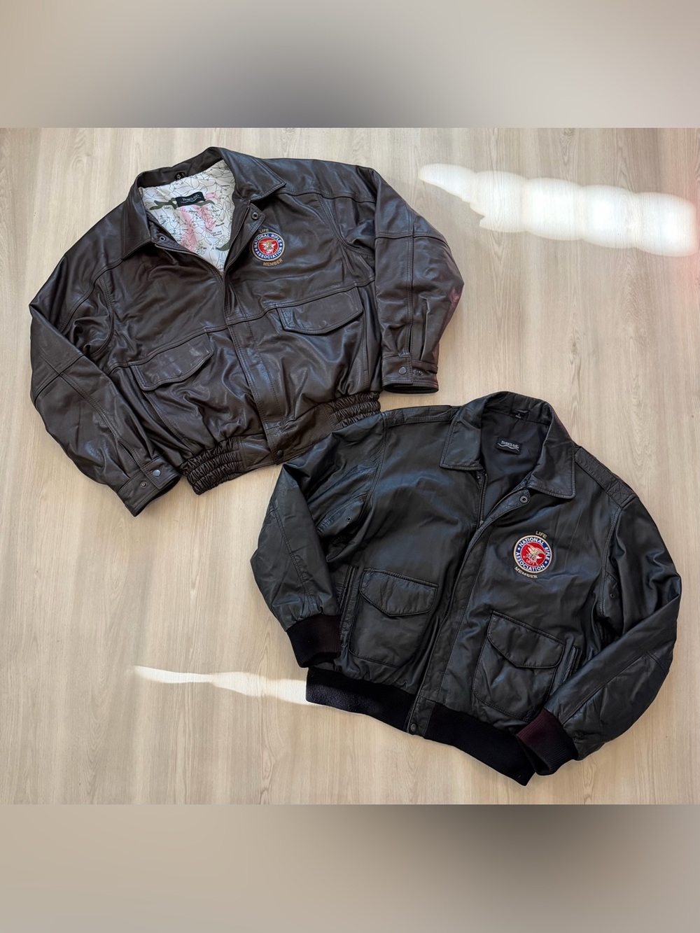 2 Vintage NRA Life Member Bomber Leather Jackets Black Sz L Brown Sz XL